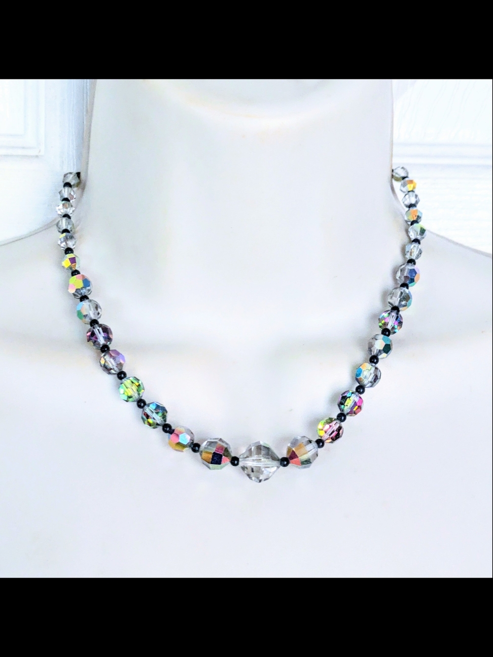 Brilliant Faceted A.B. Aurora Borialis Crystal Beaded Chain Necklace Vintage 16"